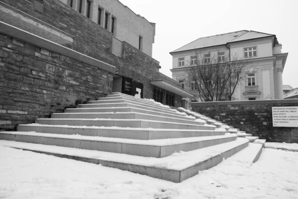 Primer Plano Las Escaleras Cubiertas Nieve Con Espacio Copia — Foto de Stock