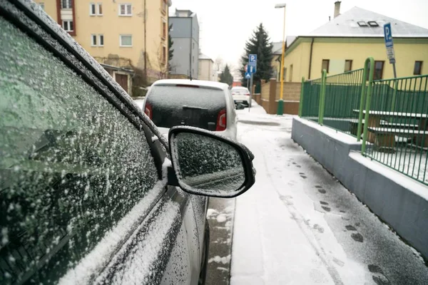 stock image Cars parked in snowy winter day