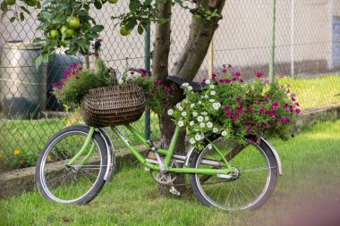 Bahçesinde çiçekler olan eski bir bisiklet.