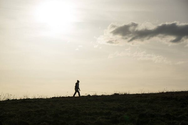 женский силуэт прогулки с собакой на фоне заката 