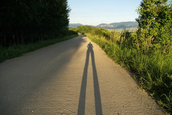 Lange Schaduw Van Een Vrouw Weg Het Bos Slowakije — Stockfoto