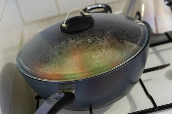 Pan Wet Glass Cover Vegetables Cooking Process — Stock Photo, Image