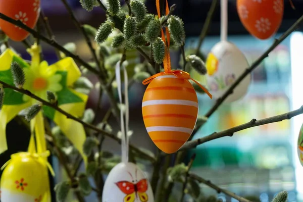 Decorated Easter Eggs Catkins Table Slovakia — Stock Photo, Image