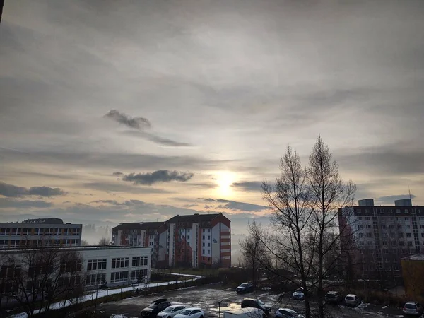 Alba Tramonto Sugli Edifici Della Città Slovacchia — Foto Stock