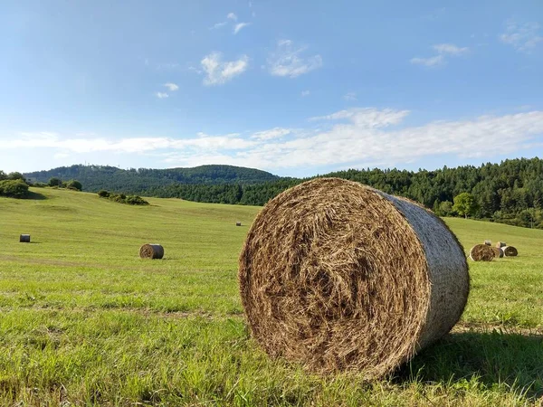 Hay Μπάλες Στο Λιβάδι Κατά Διάρκεια Του Φθινοπώρου Σλοβακία — Φωτογραφία Αρχείου