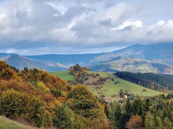 Prado Com Árvores Vista Para Montanhas Eslováquia — Fotografia de Stock
