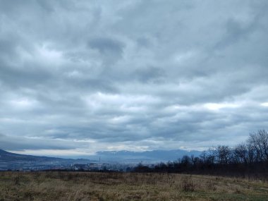 Ağaçlar ve manzaralı çayırda puslu bir sabah. Slovakya