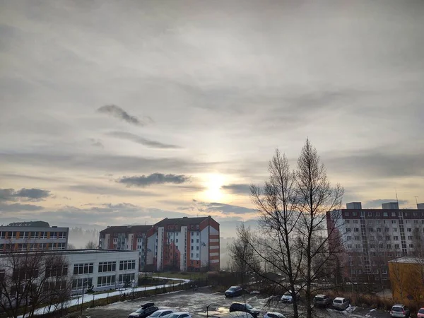 Nascer Sol Pôr Sol Sobre Edifícios Cidade Eslováquia — Fotografia de Stock