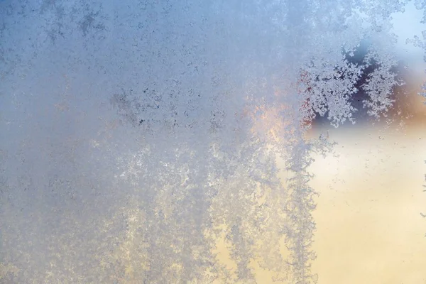 Bir Kış Sabahı Bir Pencerenin Üzerindeki Buz Eğreltiotu — Stok fotoğraf
