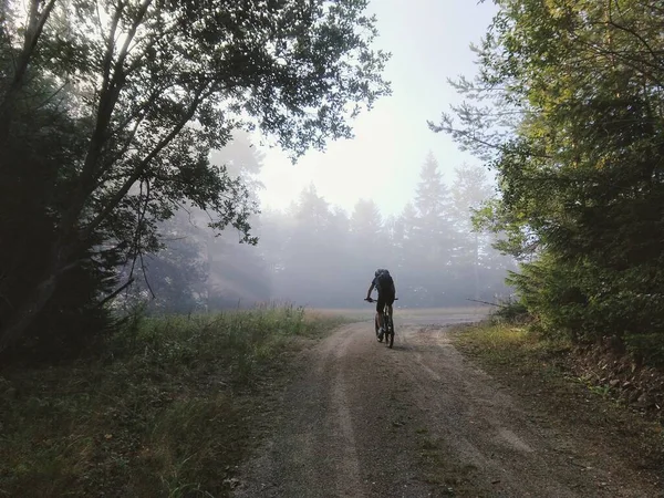 summer landscape with forest and bike rider riding on road with the mountains on a sunny autumn day