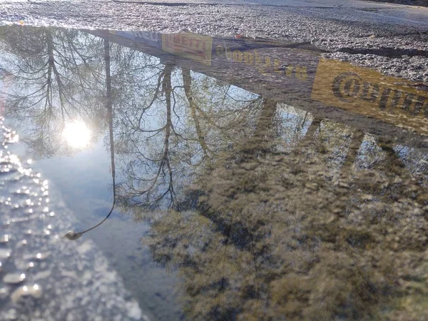 雨の中 道路上の水たまり スロバキア — ストック写真