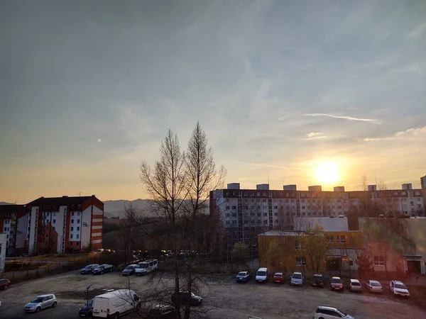 Salida Puesta Del Sol Sobre Los Edificios Ciudad Zilina Países — Foto de Stock