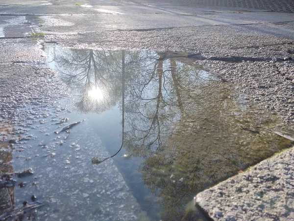 Puddle Sur Route Pendant Pluie Slovaquie — Photo