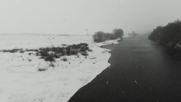 Nezamrzlá řeka se sněhovými vločkami v zimním oblačném dni — Stock video