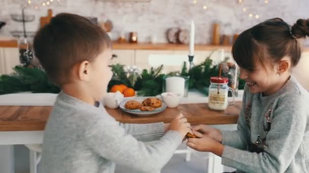 Mutlu çocuklar Noel 'de kurabiye yerler. — Stok video