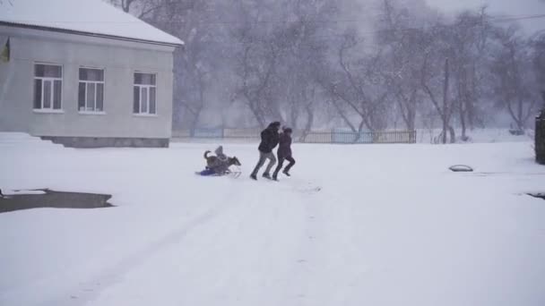 People are sledding in a snowy day — Stock Video