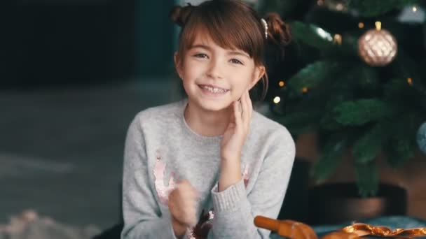 Lächelndes kleines Mädchen neben dem Weihnachtsbaum — Stockvideo