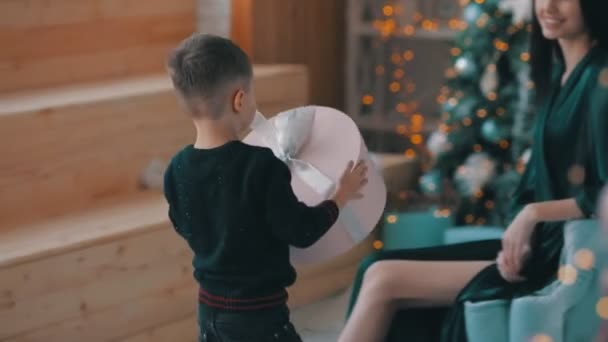 Netter kleiner Junge macht seiner Mutter ein Geschenk — Stockvideo