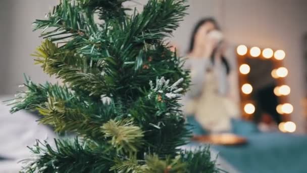 Vánoční duch ochutnávání kakaa. šťastná rodina — Stock video