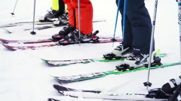 Zbliżenie nóg narciarzy stojących na starcie przed wyścigiem — Wideo stockowe