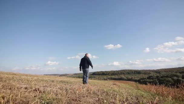 Contadino a piedi attraverso il campo appena raccolto. vista posteriore — Video Stock