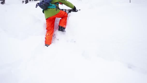 Сноубордист взбирается на склон к деревьям — стоковое видео