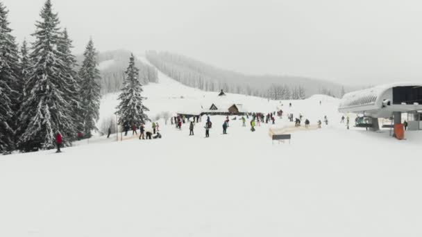 Carpathian ski resort aerial view closeup — Stock Video