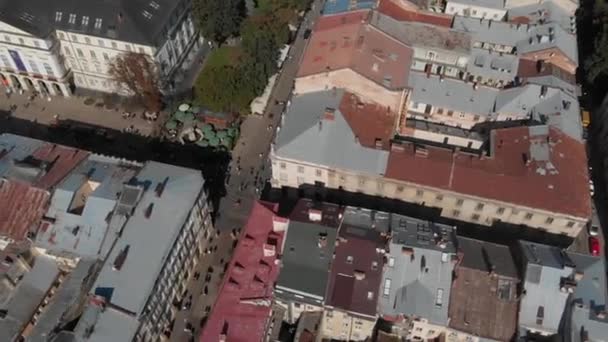 Aerial Roofs and streets Old City Lviv, Ukraine. Central part of old city. — Stock Video