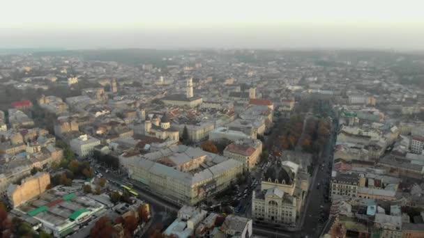 Aerial Roofs and street Old City Lviv, Ukraine. Центральна частина старого міста.. — стокове відео