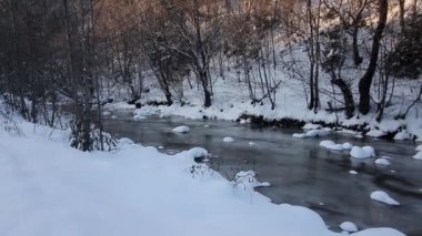 Slow Motion Aerial View Of River In Winter