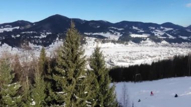 Dağ ormanındaki hava aracı görüntüsü. Kış manzarası.