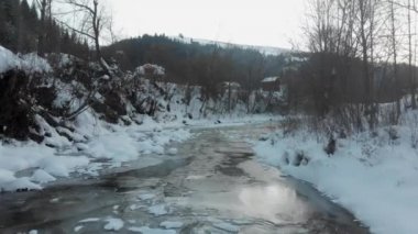 Aerial Approaching to mountain river ukraine