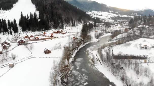 Aerial Approaching to mountain river ukraine — Wideo stockowe