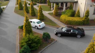 Gelin ve damat bir yaz gününde Park bir araba binmek, havadan çekim