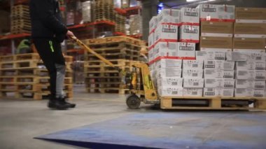 İçinde karton kutular olan bir depo. Palet raflarında, lojistik merkezde..