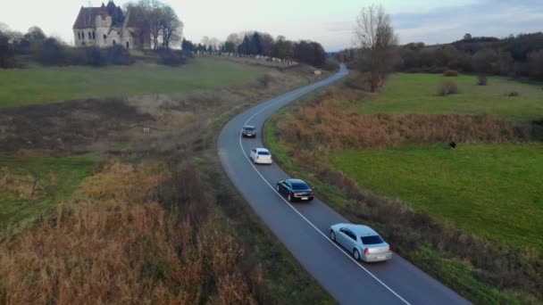 Ylellinen auto tiellä kentällä taustalla — kuvapankkivideo