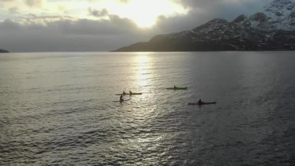 Drone shot in middle of incredible and beautiful norwegian fjord in kayak — Stock Video