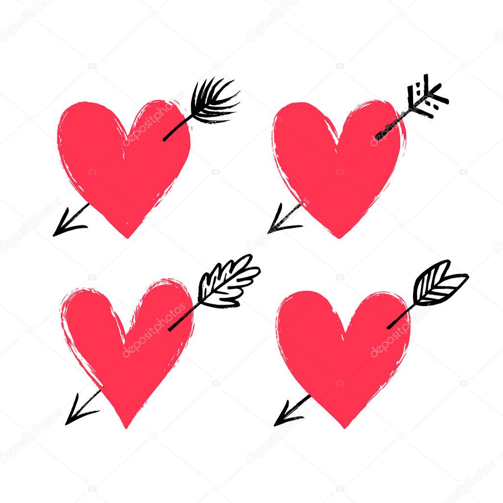 Set of hand drawn pierced hearts. 
