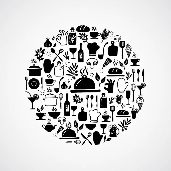 Icônes de cuisine et de cuisine en cercle — Image vectorielle