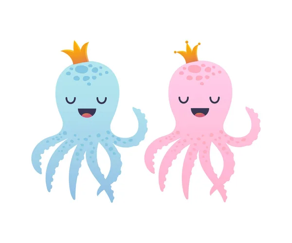 Adorable octopus characters with crown — Stock Vector