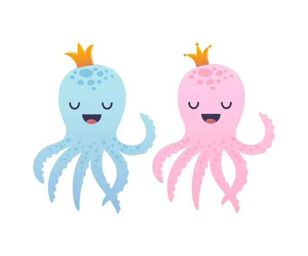 Adorables personajes de pulpo con corona — Archivo Imágenes Vectoriales