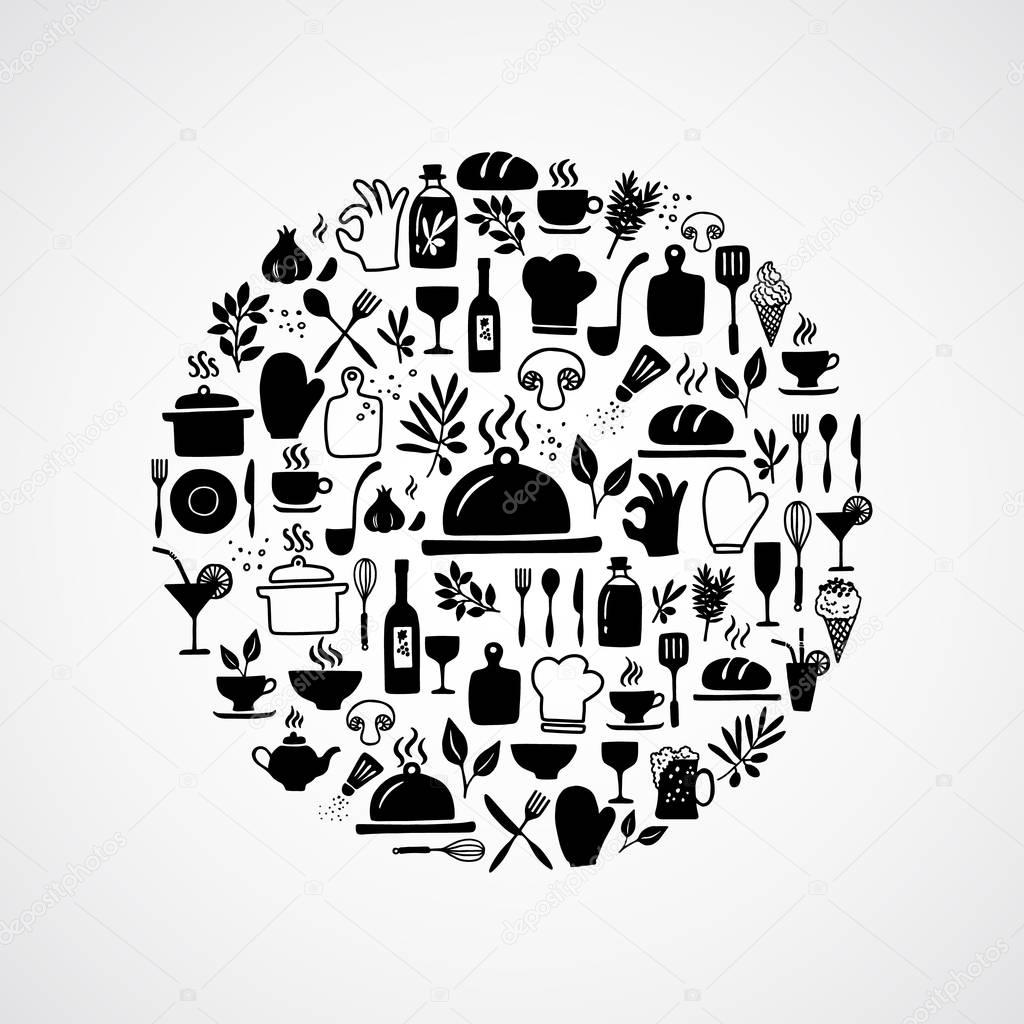 Kitchen and cooking icons in circle