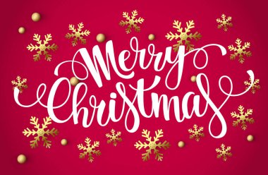 Neşeli Noel yazı. Kırmızı altın kar taneleri ile Noel Kartpostalı.