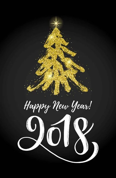 ベクトル イラスト 2018年手書きでレタリング 金色キラキラ クリスマス ツリーと幸せな新年カード デザイン要素 — ストックベクタ
