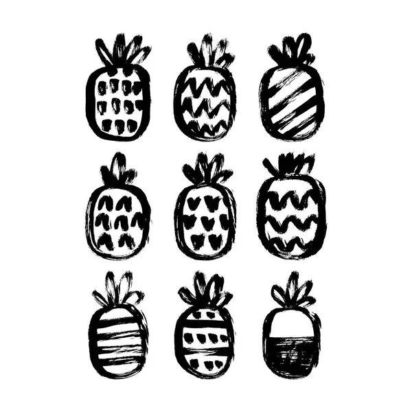 Set Seamless Pattern Doodle Hand Drawn Pineapples Vector Illustration — Stock Vector