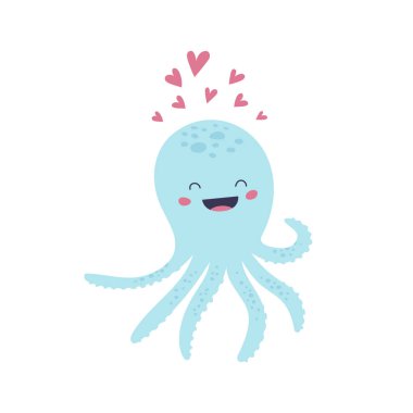 Mavi sevimli ahtapot karakter yürekleri.