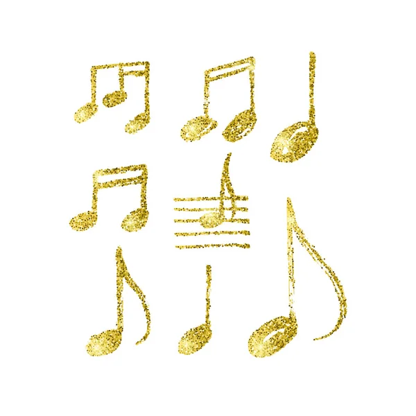 Conjunto Notas Musicales Brillo Dorado Dibujadas Mano — Vector de stock