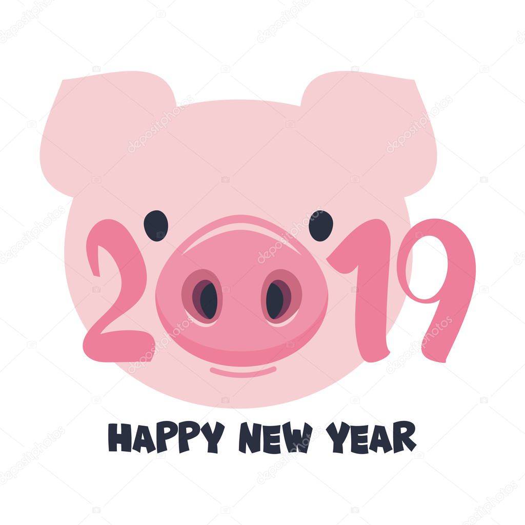 Happy new year card with piggy head on white background