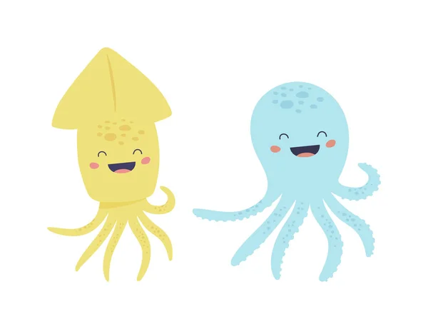 Calamars Bleus Jaunes Souriants Sur Fond Blanc — Image vectorielle