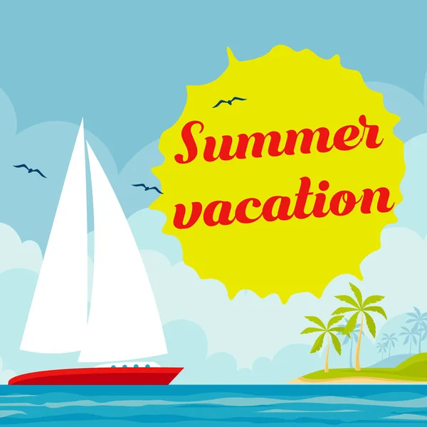 Boat Coastline Label Words Summer Vacation — Stock Vector